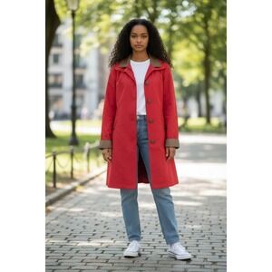 Gallery Petite Women's Red Tan Collar Button Zip Trench Rain Coat Jacket MP